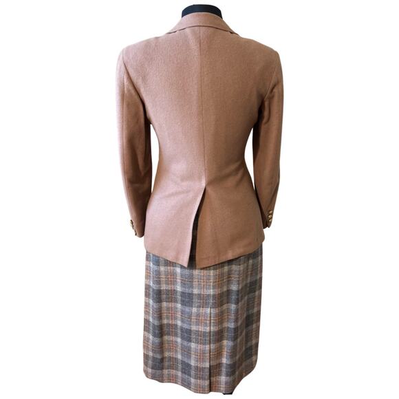 Vintage 80s Cashmere Camel Blazer Grey Plaid Midi Skirt Suit size 6 Van Julian - Picture 4 of 16